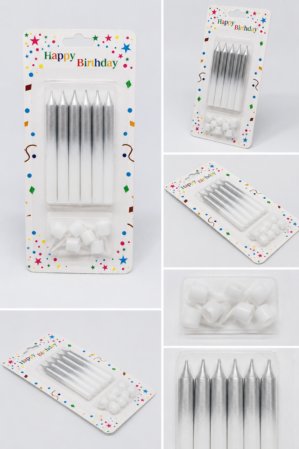 Silver Birthday Cake Candles Set with Holders