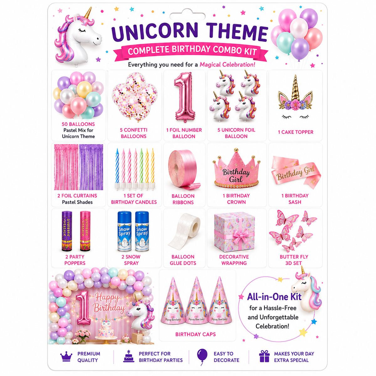 Unicorn Theme Birthday Decoration Combo Kit | Complete Birthday Party Set