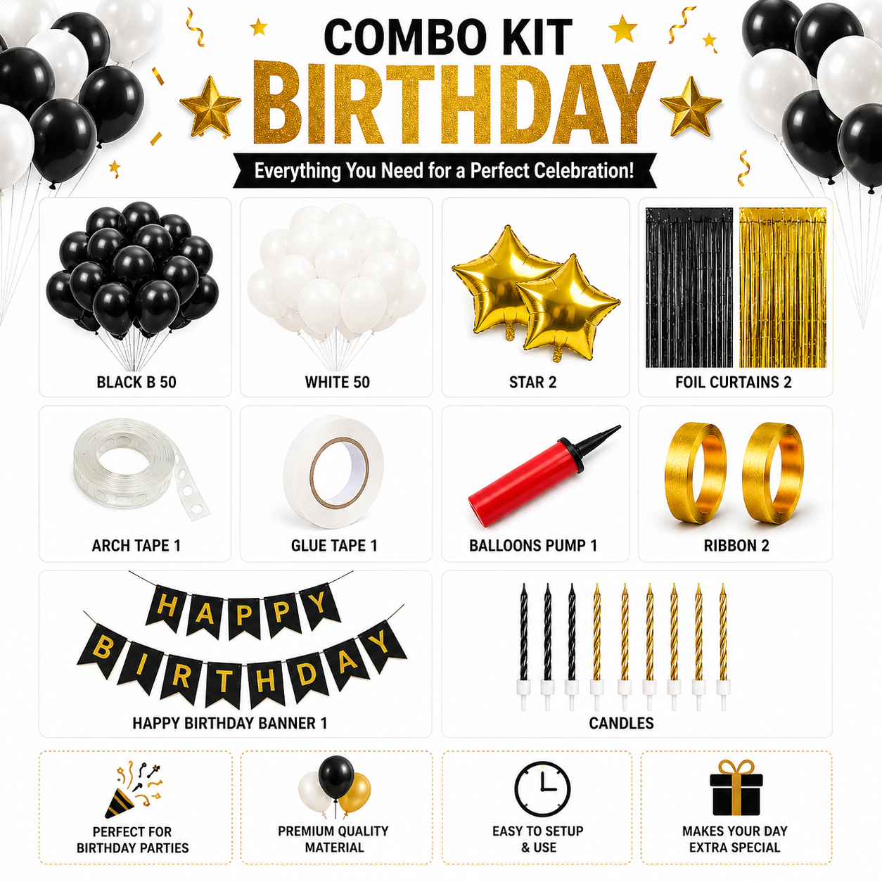 Birthday Decoration Combo Kit – 100 Balloons + Complete Party Set
