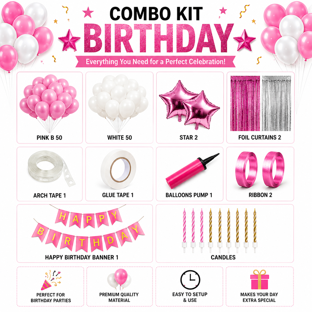 Birthday Decoration Combo Kit – 100 Balloons + Complete Party Set