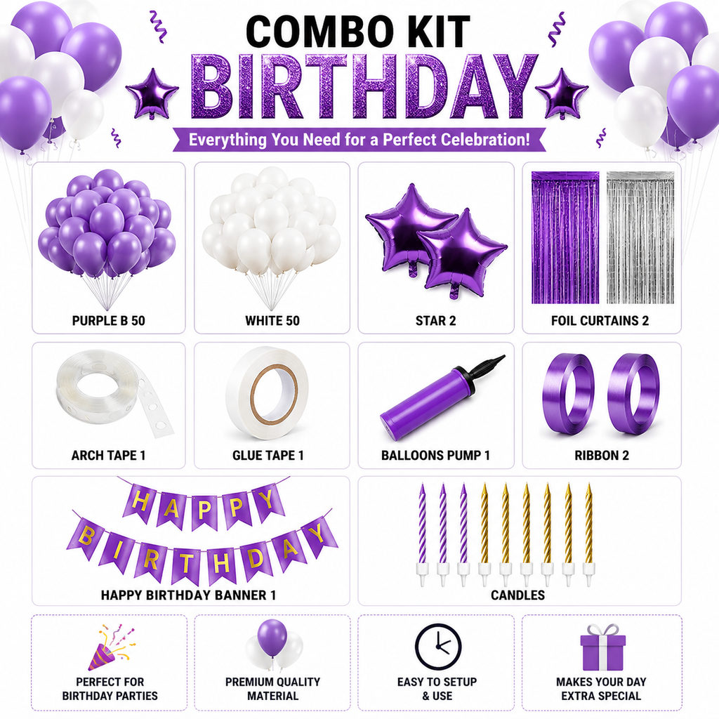Birthday Decoration Combo Kit – 100 Balloons + Complete Party Set