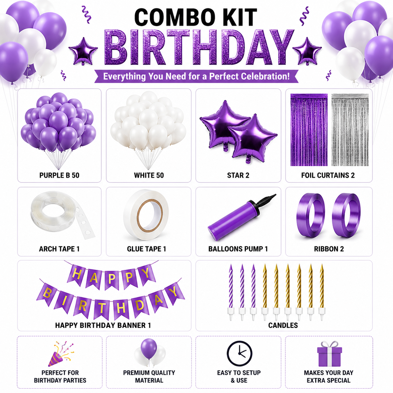 Birthday Decoration Combo Kit – 100 Balloons + Complete Party Set
