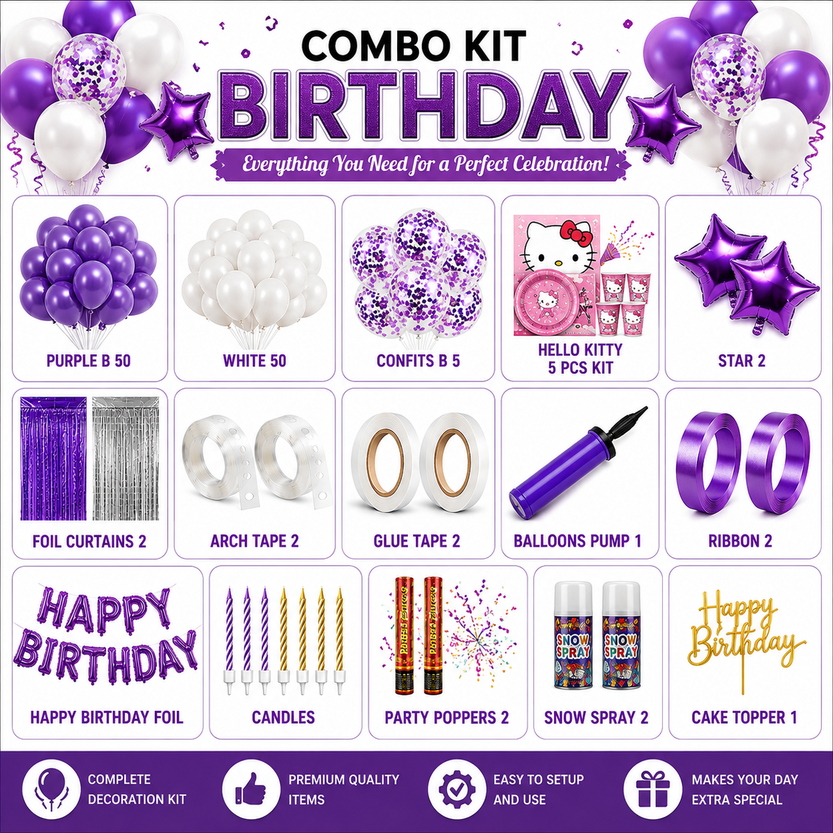 Purple & White Hello Kitty Birthday Decoration Combo Kit | Complete Party Set