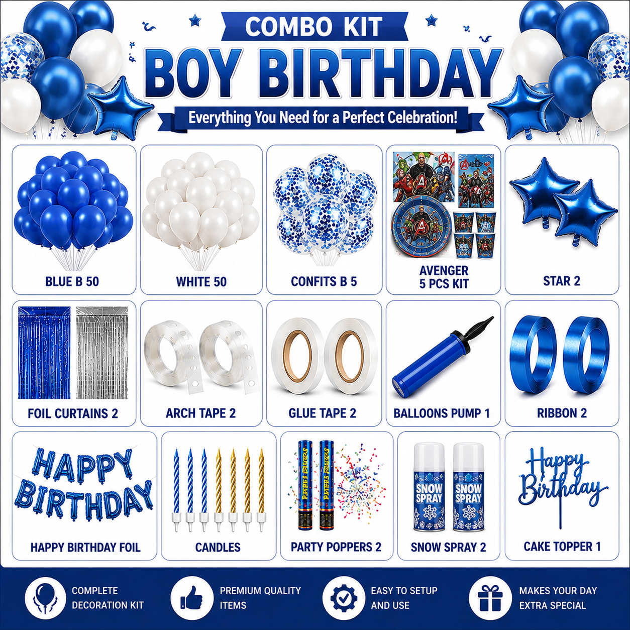 Avengers Theme Birthday Decoration Combo Kit | Blue & White Complete Party Set