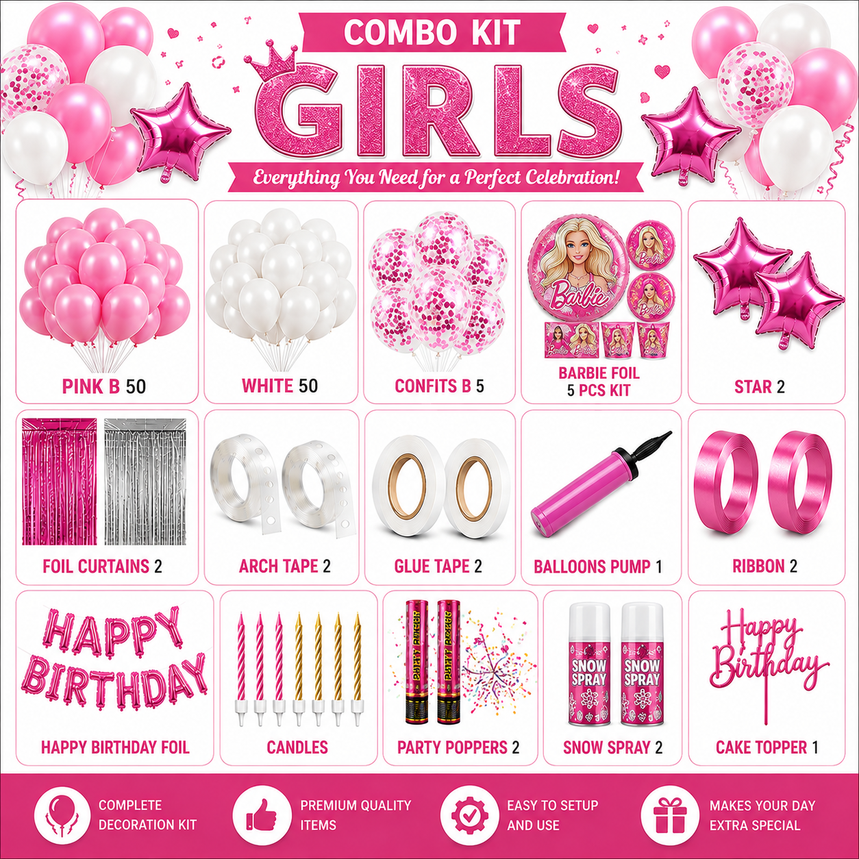 Barbie Theme Birthday Decoration Combo Kit | Pink & White Complete Party Set