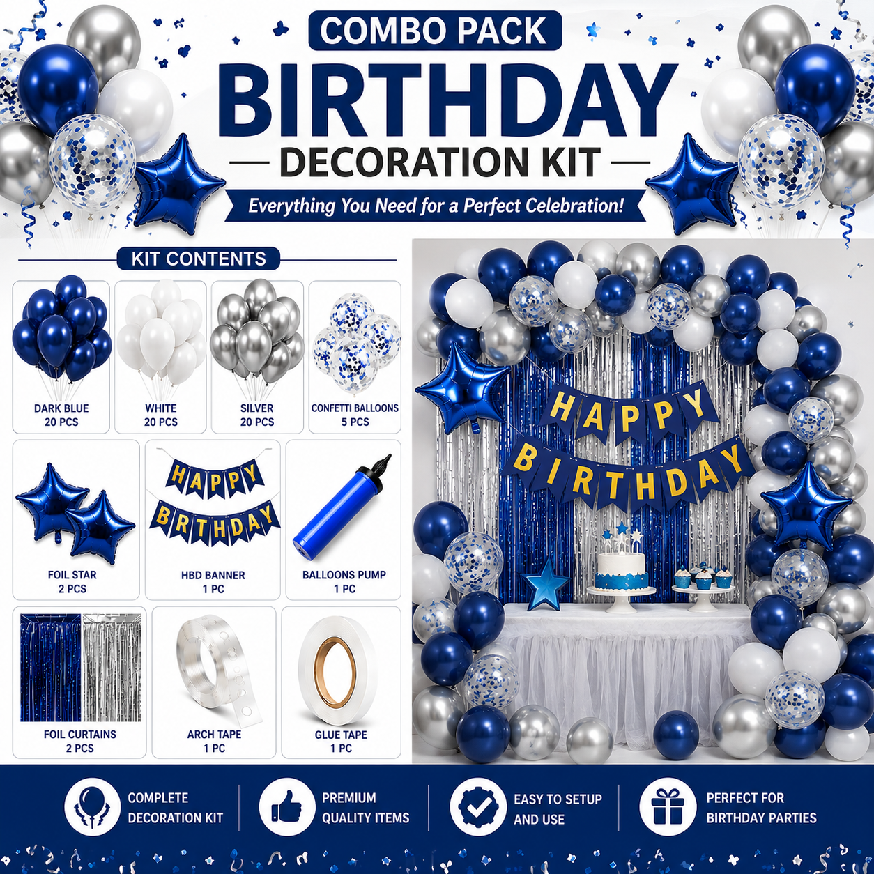 Blue White Silver Birthday Decoration Combo Pack