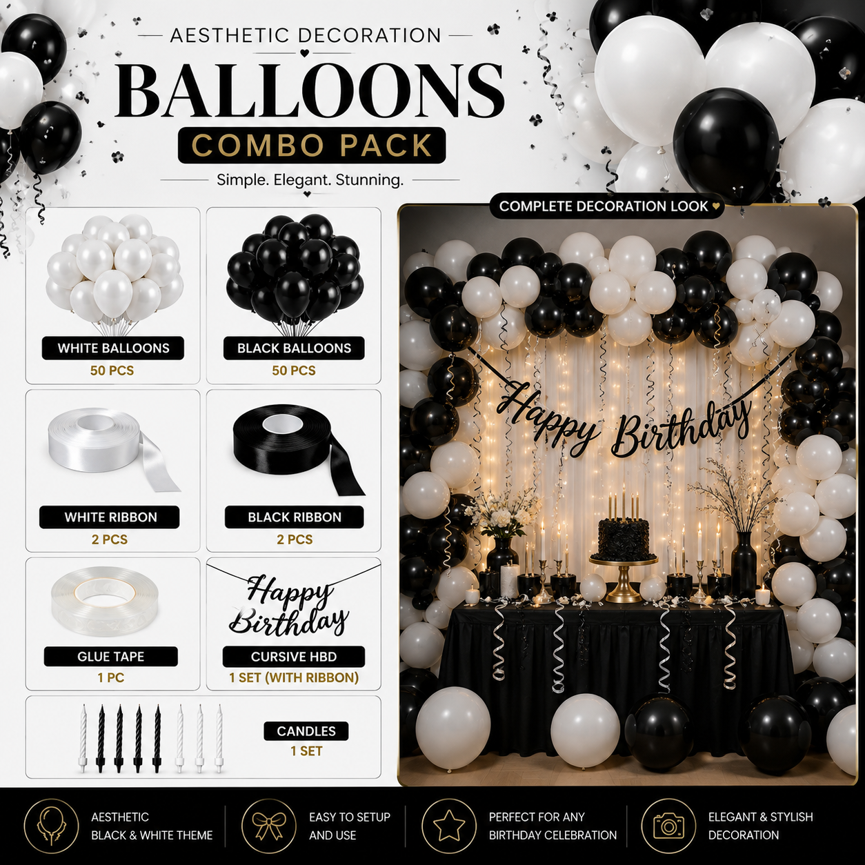 Aesthetic Black & White Birthday Decoration Combo Pack | Elegant Party Set