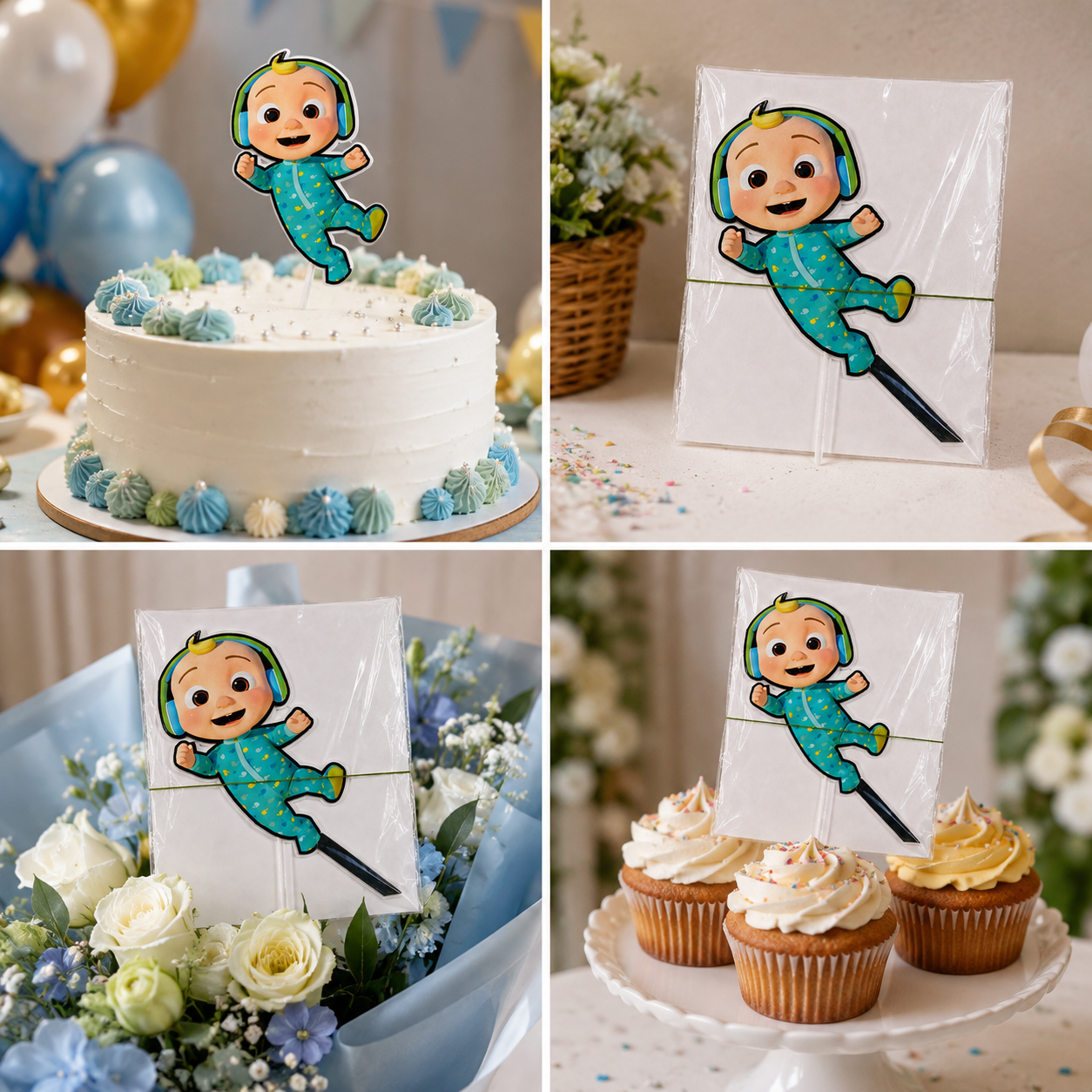 Cute Baby Boy Cartoon Cake Topper – Blue Theme Birthday & Baby Shower Decoration