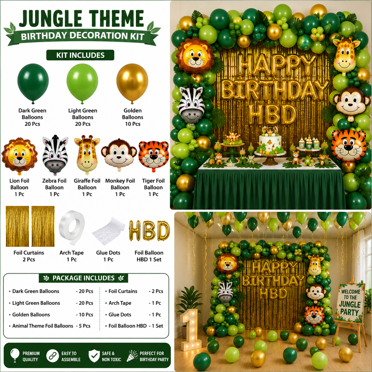 Jungle Theme Birthday Decoration Combo Kit – Green & Gold Animal Theme