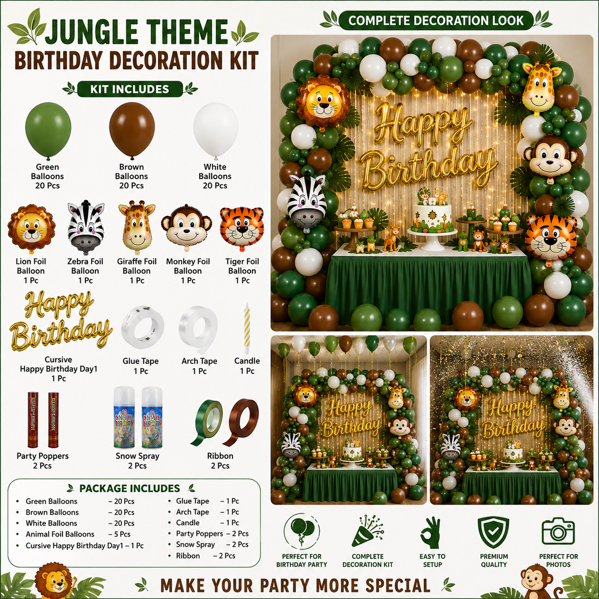 Jungle Theme Birthday Decoration Combo Kit – Green, Brown & White Animal Theme