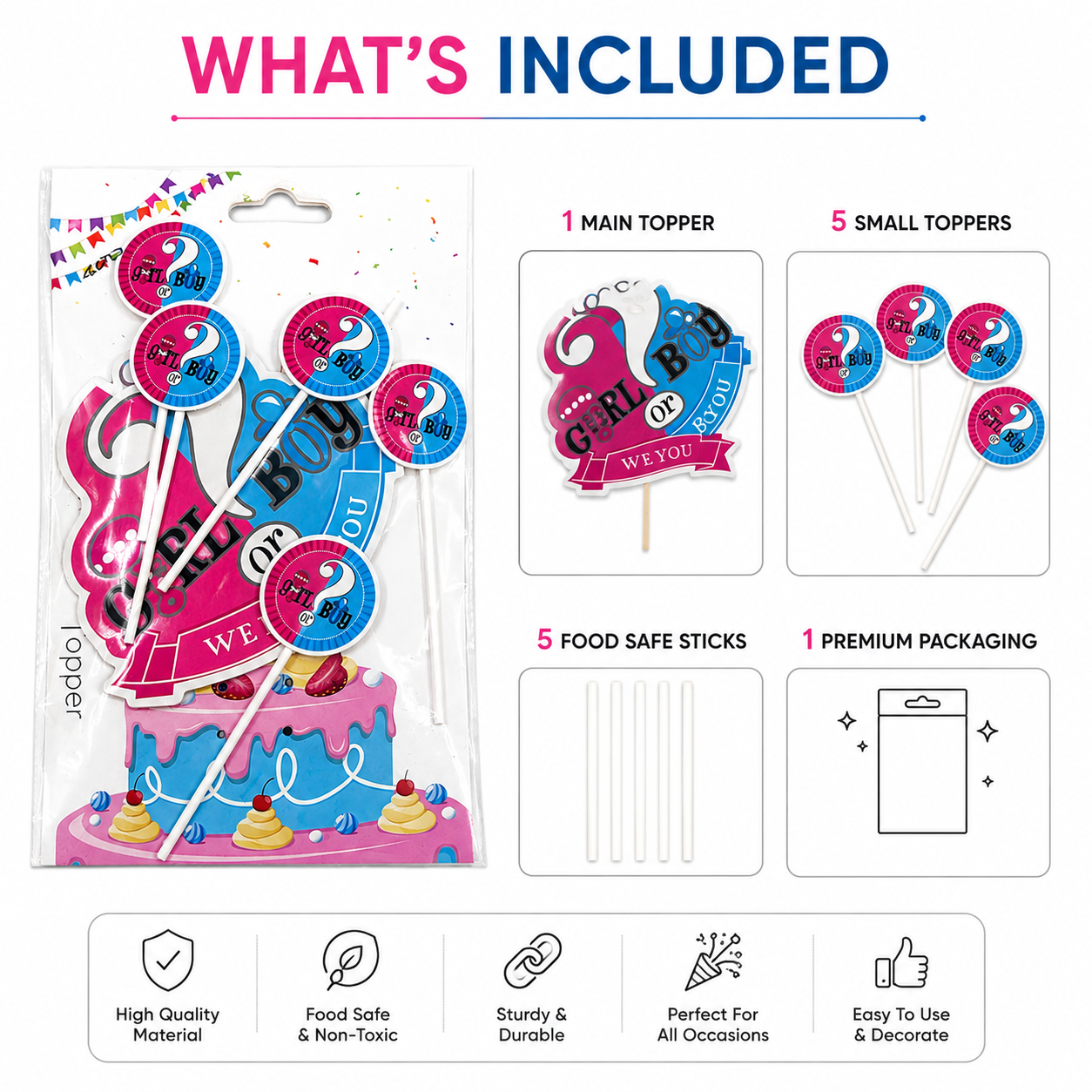 Girl or Boy Gender Reveal Cake Topper Set – Baby Shower Cake Decoration