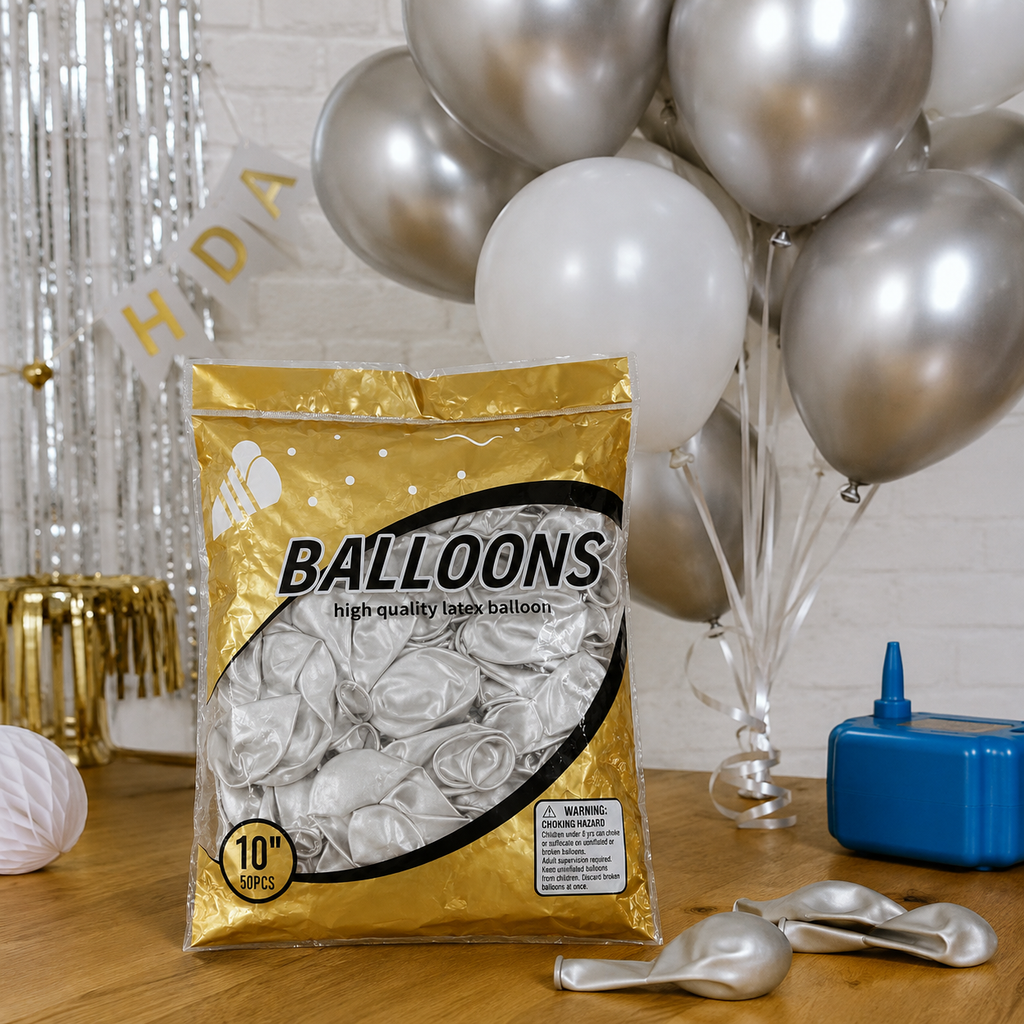 White Latex Balloons 10 Inch – 50 Pcs | Birthday & Party Decoration
