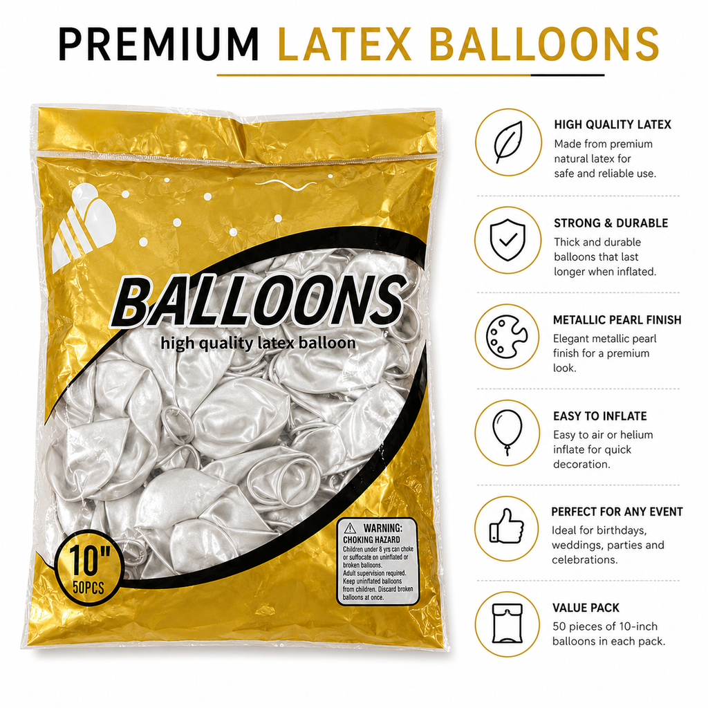 White Latex Balloons 10 Inch – 50 Pcs | Birthday & Party Decoration