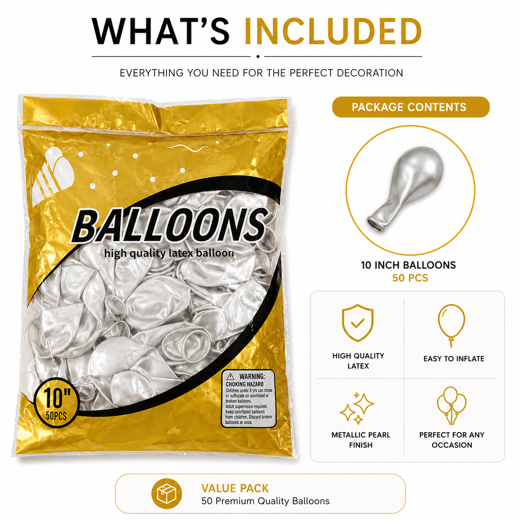 White Latex Balloons 10 Inch – 50 Pcs | Birthday & Party Decoration