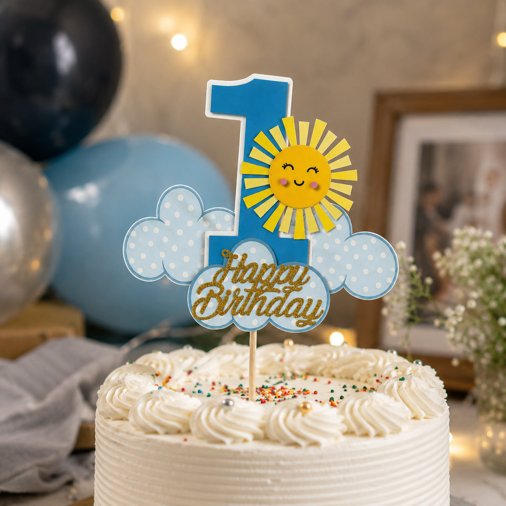 Number 1 Happy Birthday Cake Topper – Blue Theme Cake Decoration