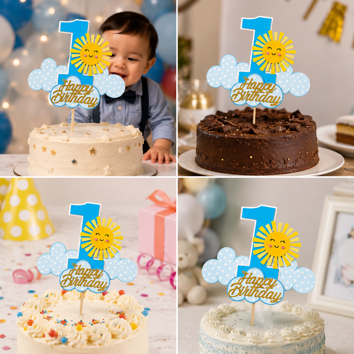 Number 1 Happy Birthday Cake Topper – Blue Theme Cake Decoration