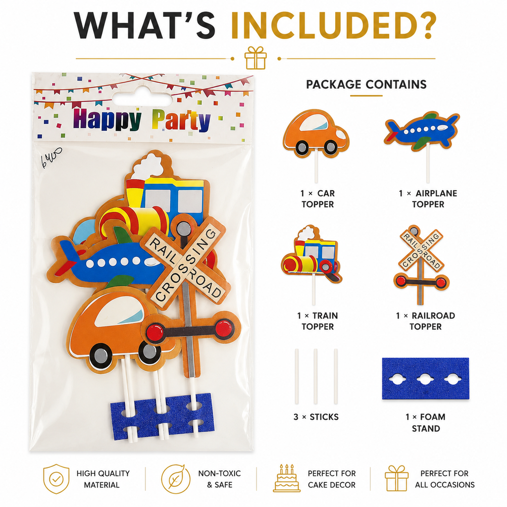Transportation Theme Cake Topper Set – Car, Train & Airplane Birthday Decoration