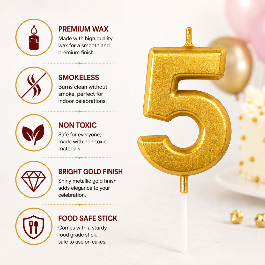 Gold Number Birthday Candle – Number 0-9 | Premium Cake Topper