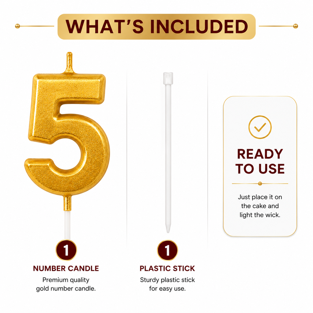 Gold Number Birthday Candle – Number 0-9 | Premium Cake Topper