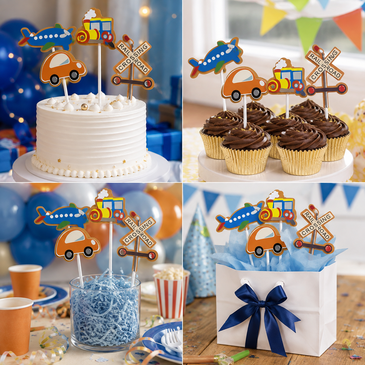 Transportation Theme Cake Topper Set – Car, Train & Airplane Birthday Decoration