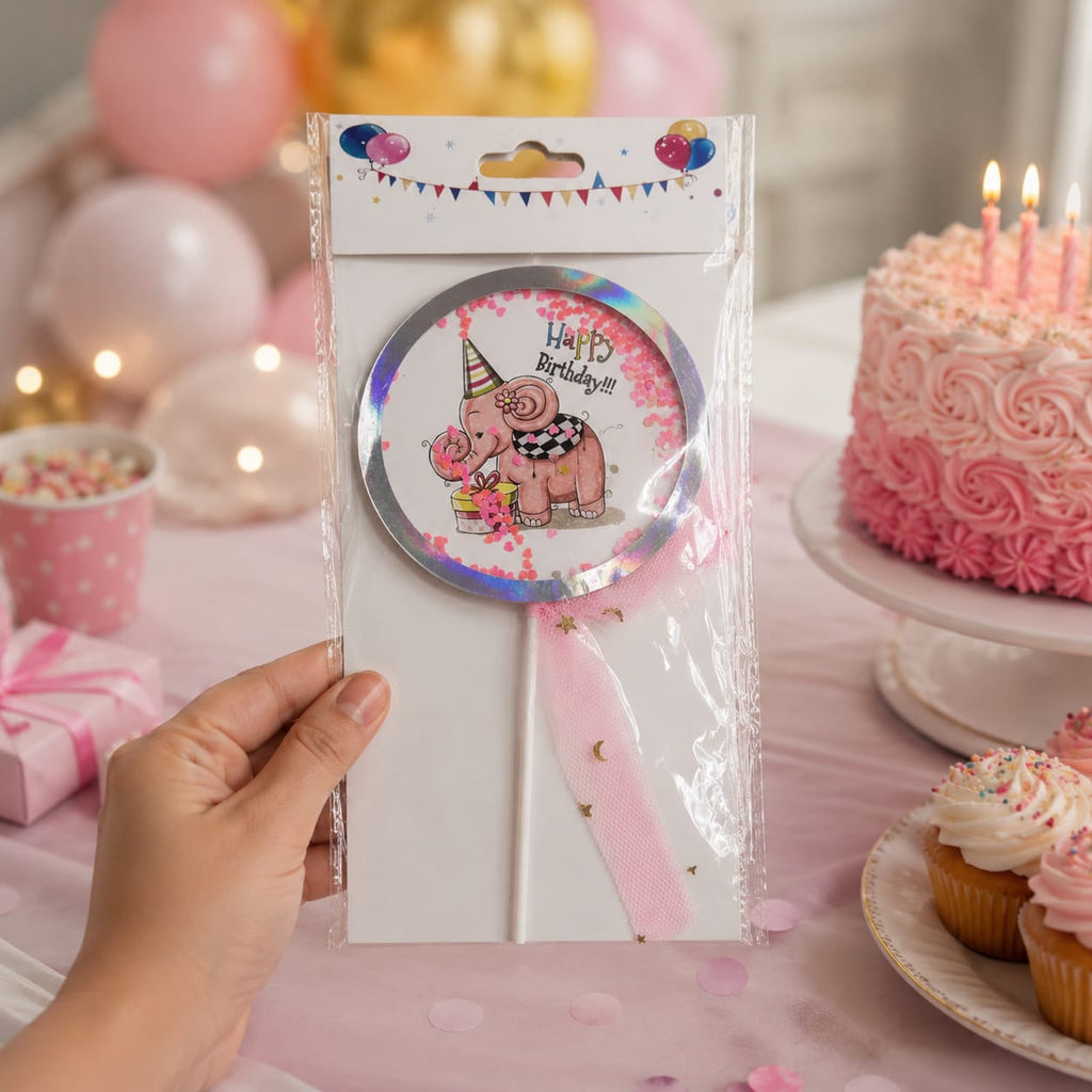 Pink Elephant Happy Birthday Cake Topper – Kids Birthday Cake Decoration