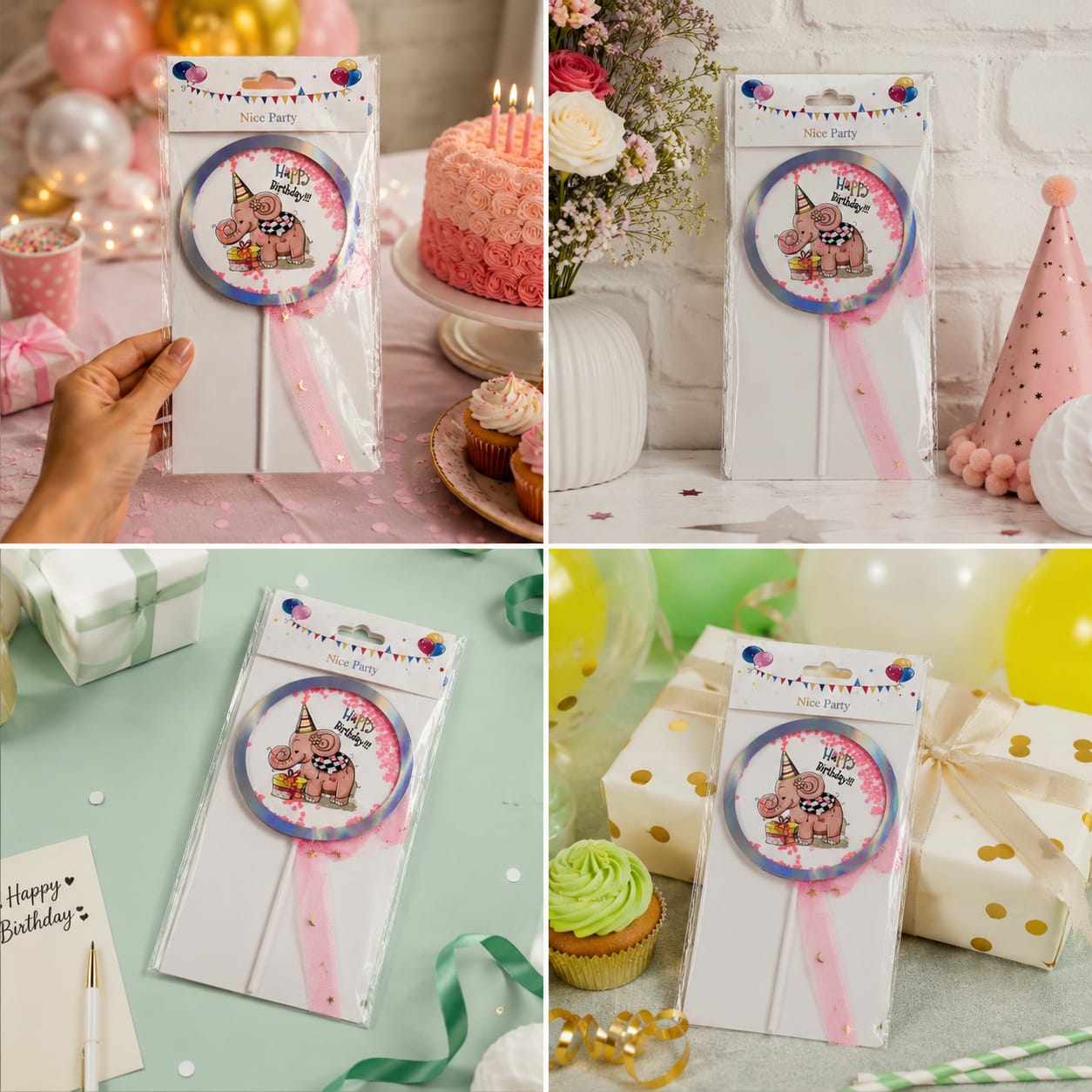 Pink Elephant Happy Birthday Cake Topper – Kids Birthday Cake Decoration
