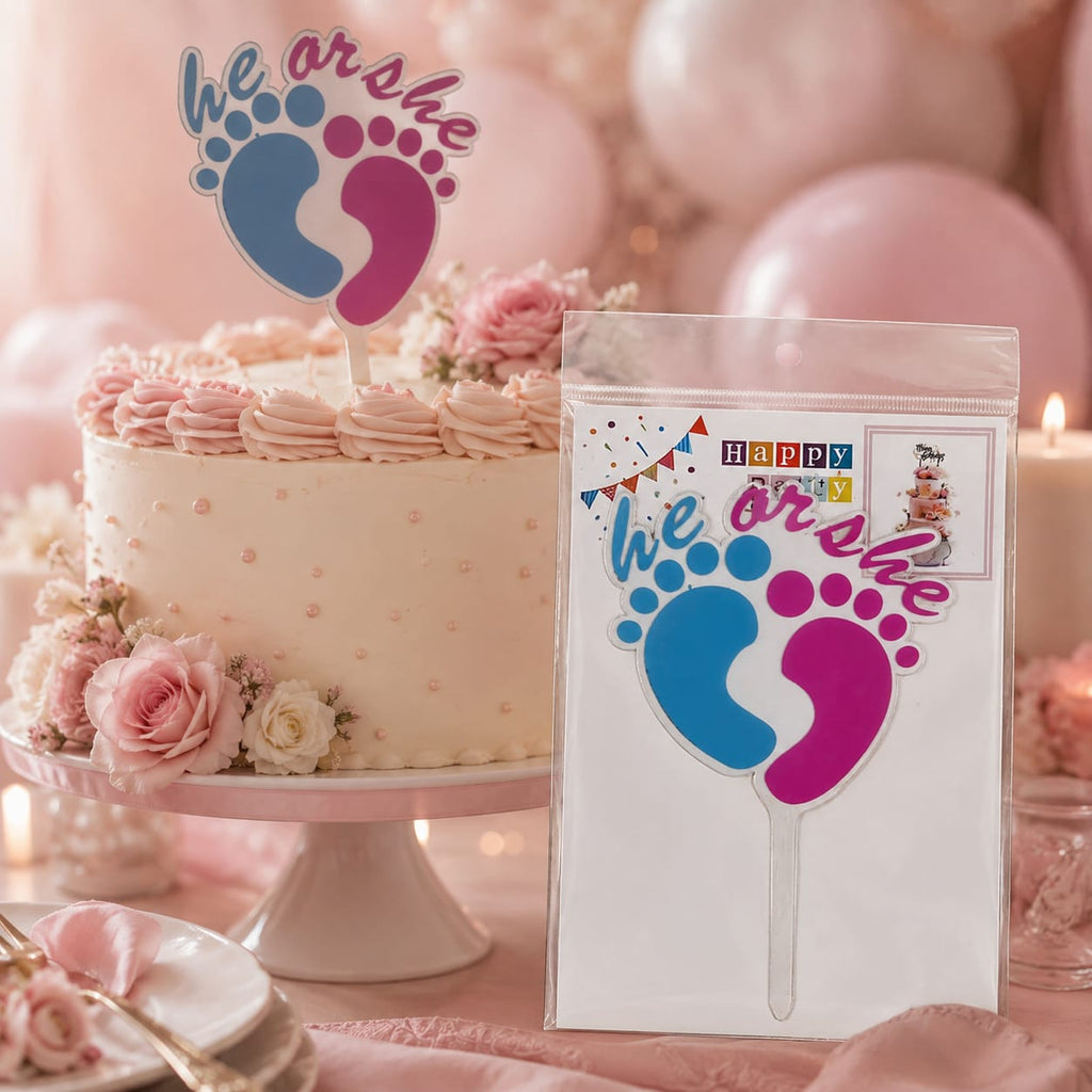 He or She Gender Reveal Cake Topper – Blue & Pink Baby Shower Decoration