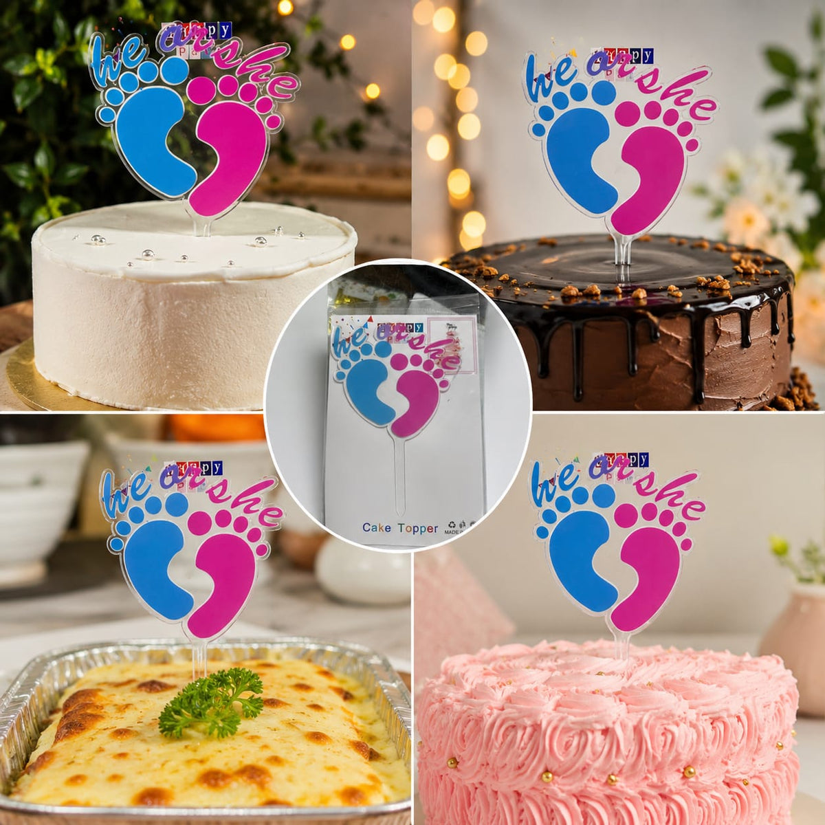 He or She Gender Reveal Cake Topper – Blue & Pink Baby Shower Decoration