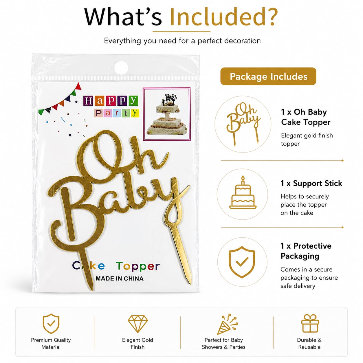 Oh Baby Gold Cake Topper | Baby Shower & Celebration Cake Decoration