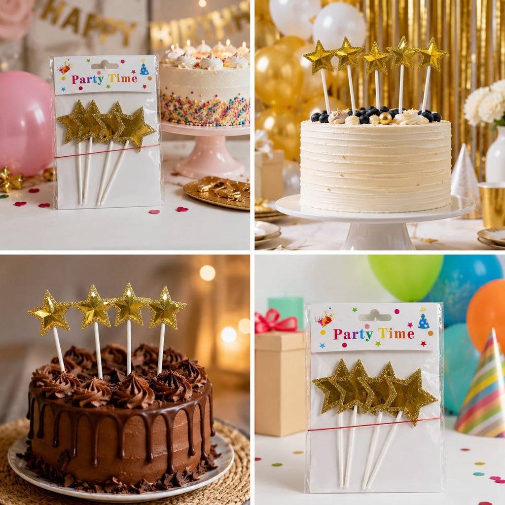 Gold Star Cake Topper Set – Glitter Star Birthday Cake Decoration