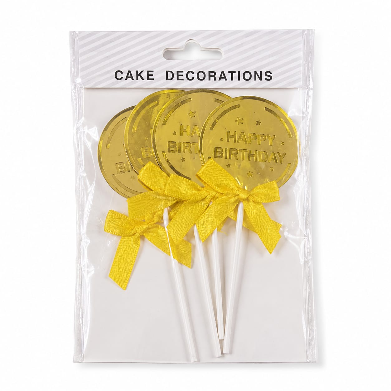 Happy Birthday Cake Toppers – Gold Coin Design with Yellow Bow | 4 Pcs