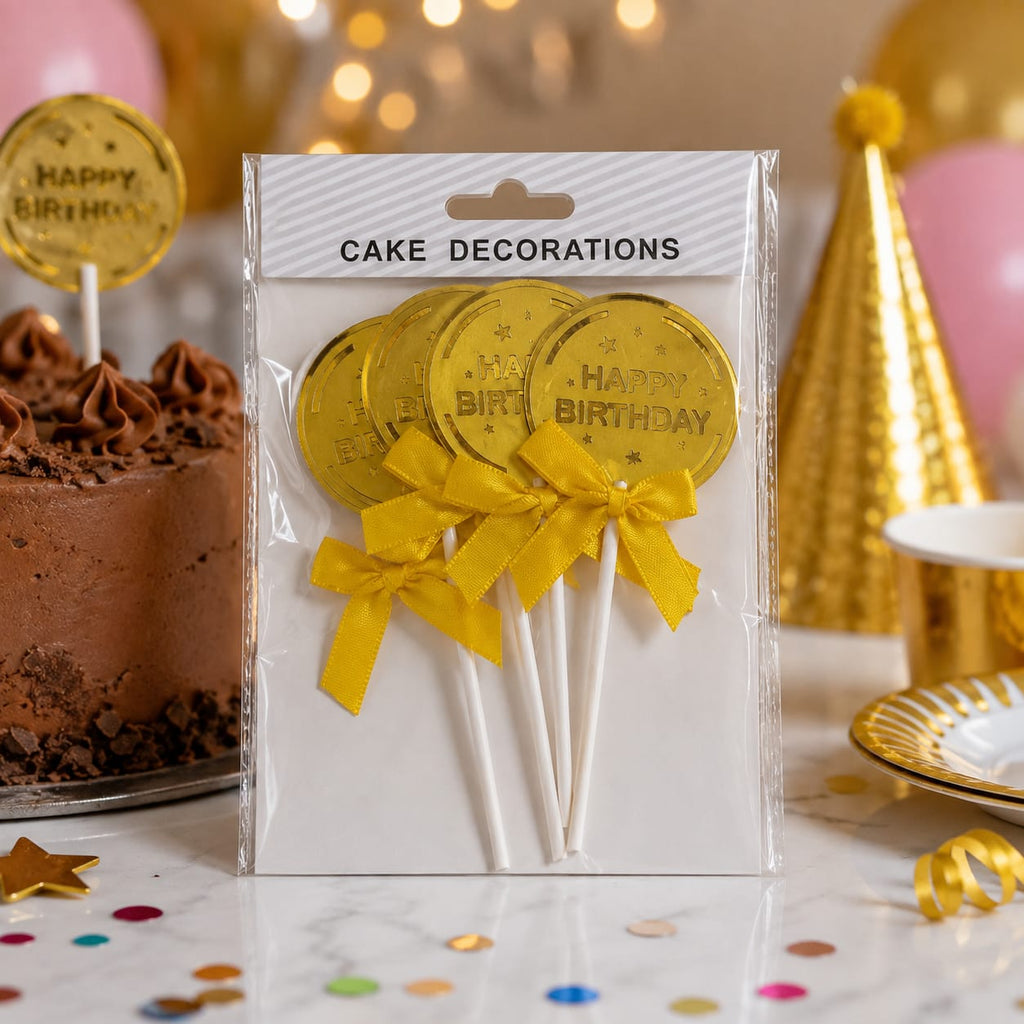 Happy Birthday Cake Toppers – Gold Coin Design with Yellow Bow | 4 Pcs