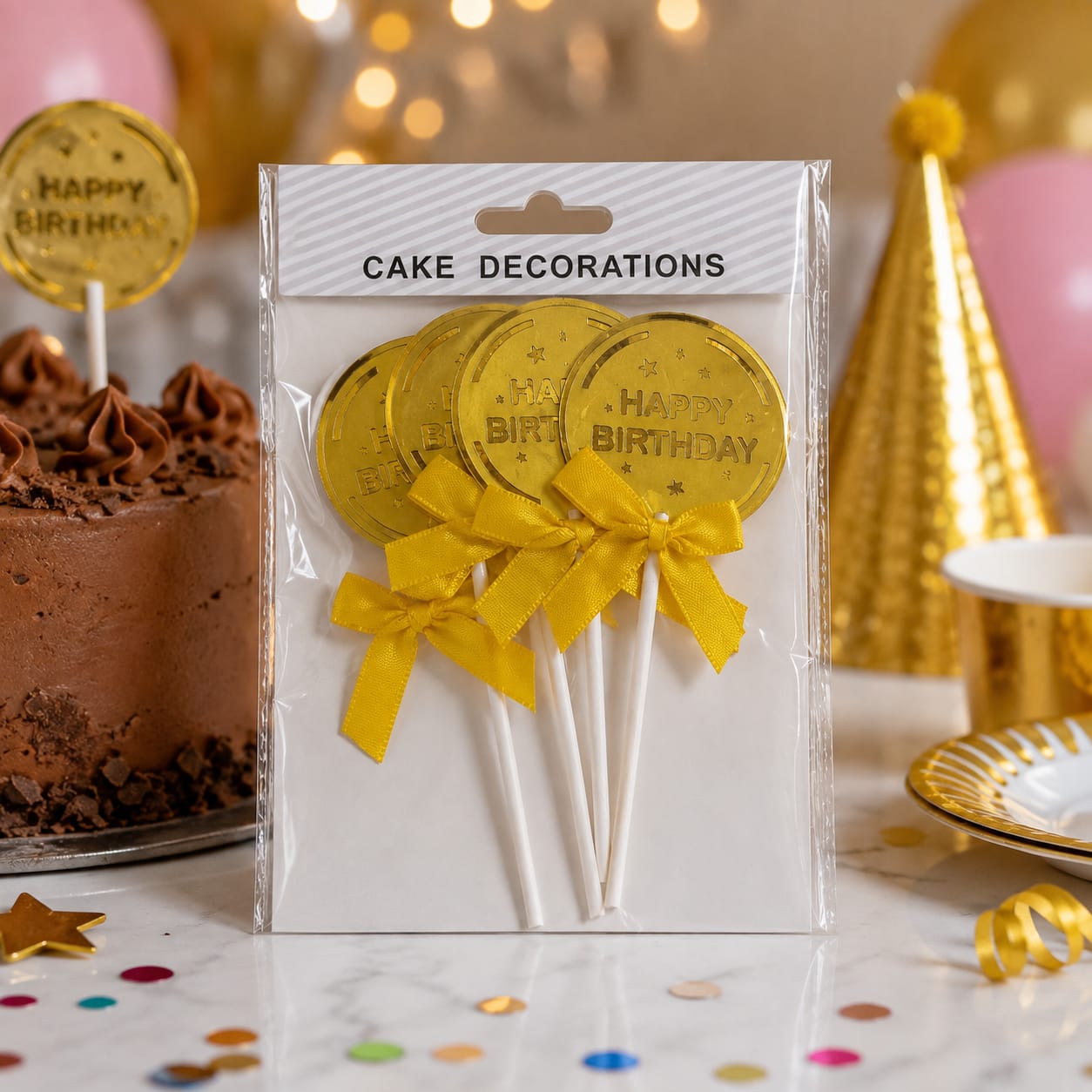 Happy Birthday Cake Toppers – Gold Coin Design with Yellow Bow | 4 Pcs