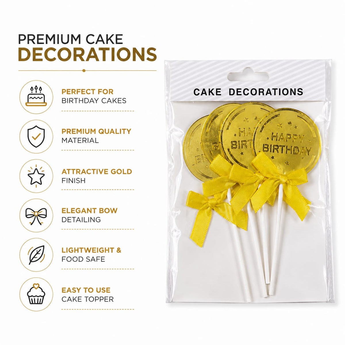 Happy Birthday Cake Toppers – Gold Coin Design with Yellow Bow | 4 Pcs
