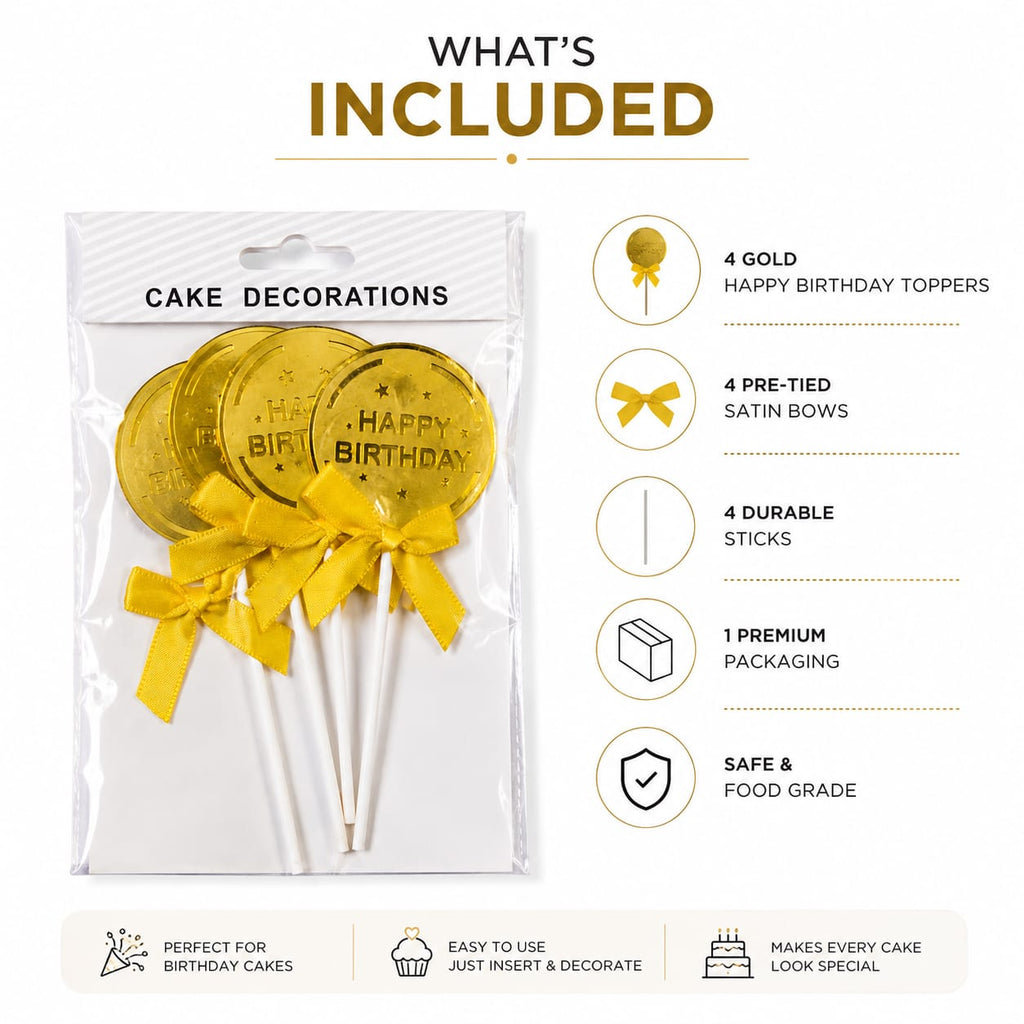 Happy Birthday Cake Toppers – Gold Coin Design with Yellow Bow | 4 Pcs