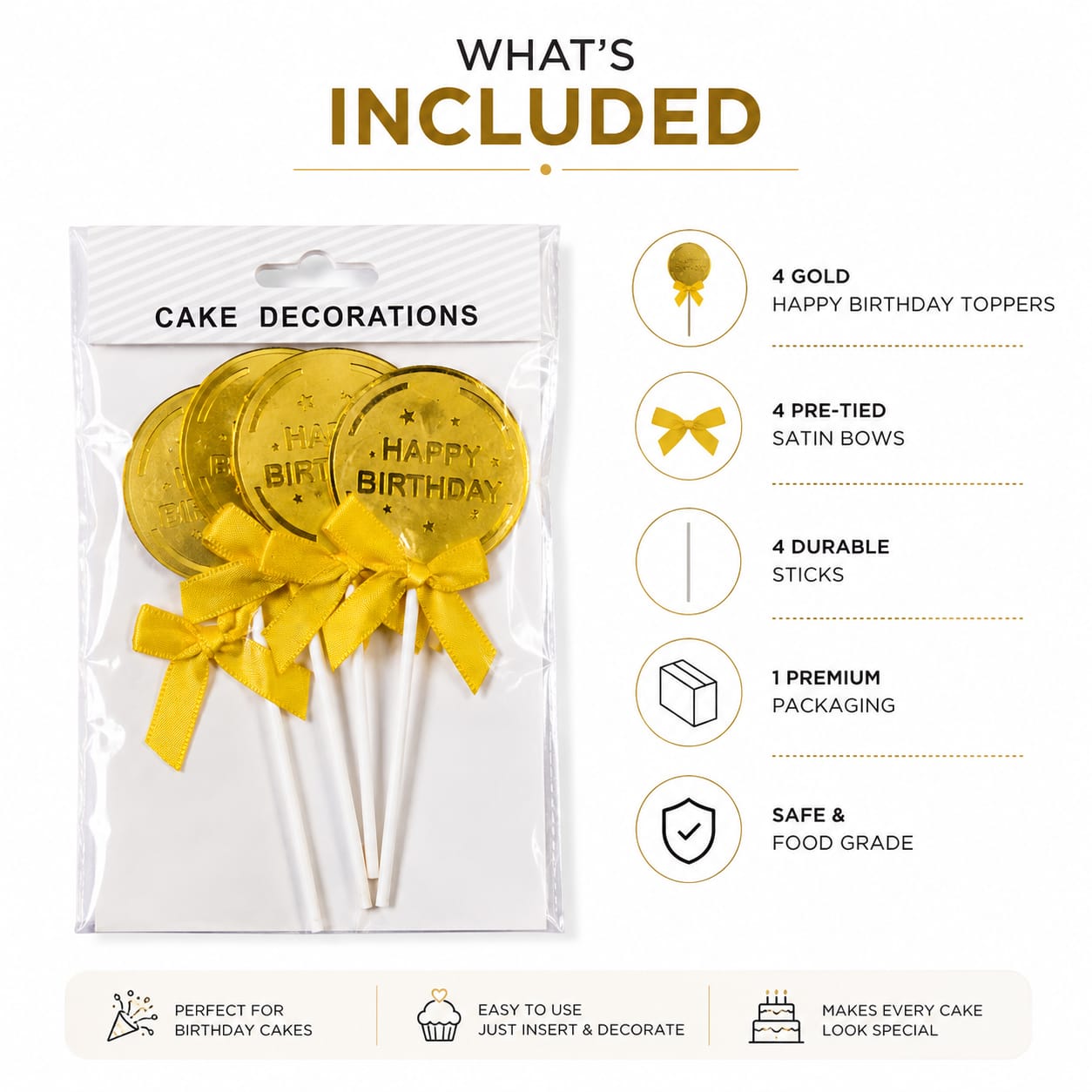 Happy Birthday Cake Toppers – Gold Coin Design with Yellow Bow | 4 Pcs