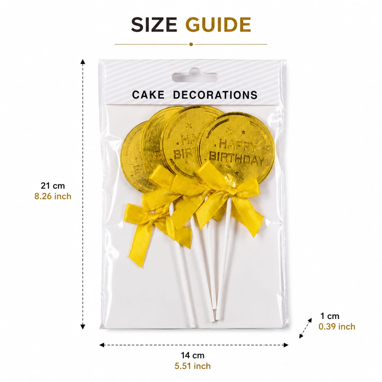 Happy Birthday Cake Toppers – Gold Coin Design with Yellow Bow | 4 Pcs