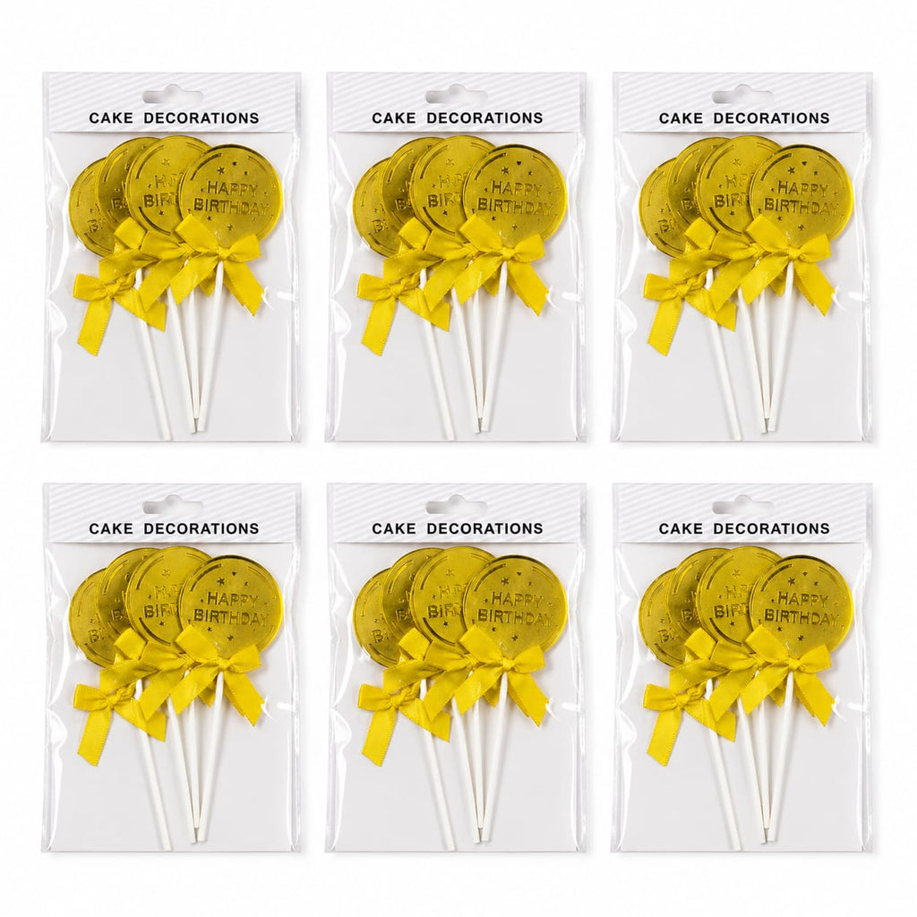 Happy Birthday Cake Toppers – Gold Coin Design with Yellow Bow | 4 Pcs