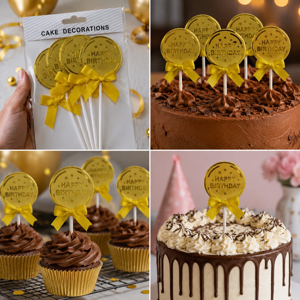 Happy Birthday Cake Toppers – Gold Coin Design with Yellow Bow | 4 Pcs