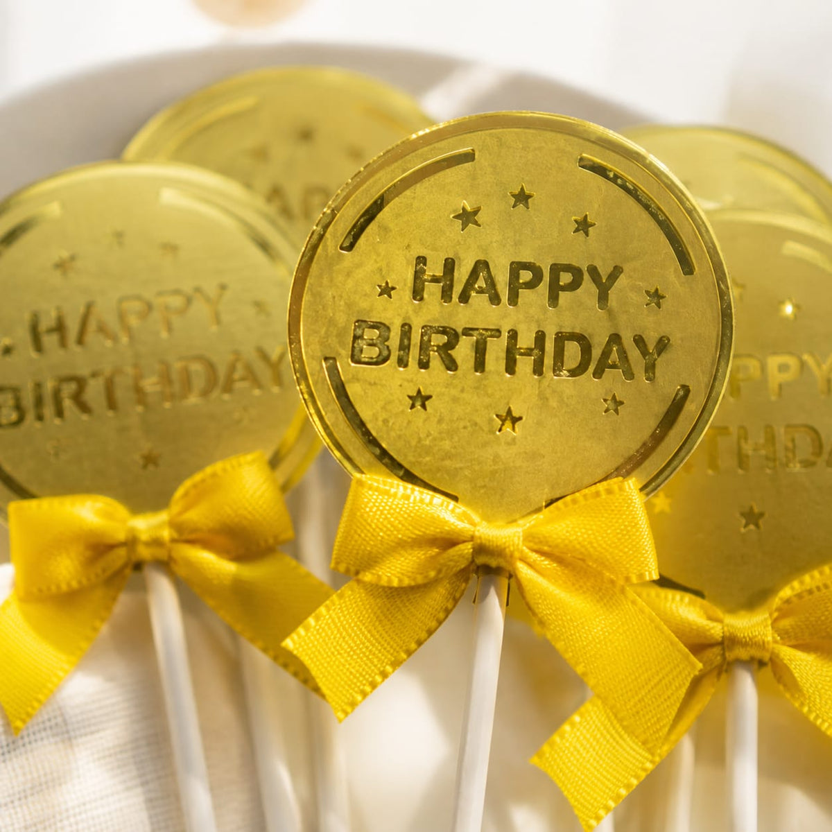 Happy Birthday Cake Toppers – Gold Coin Design with Yellow Bow | 4 Pcs