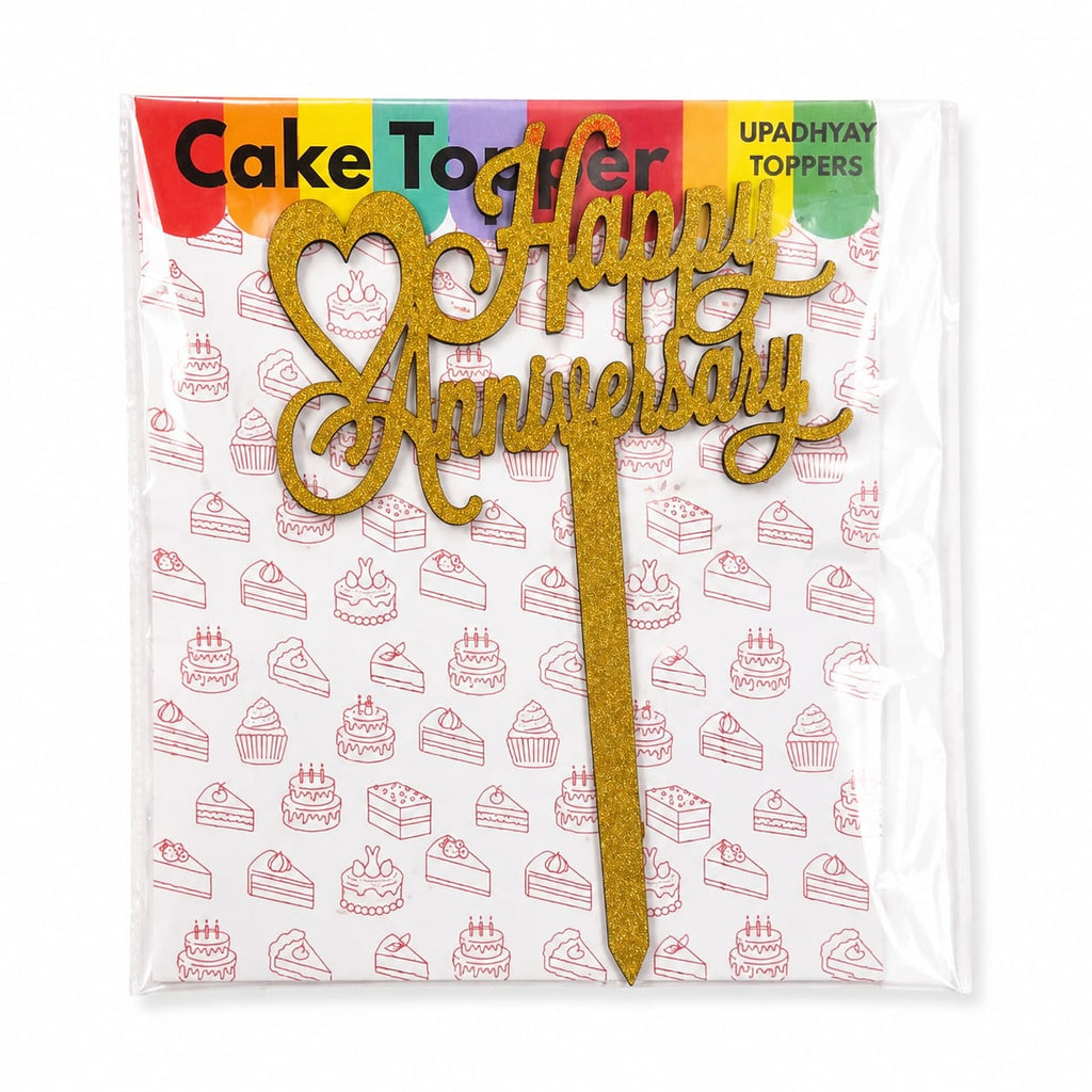Happy Anniversary Cake Topper – Gold Glitter Anniversary Cake Decoration