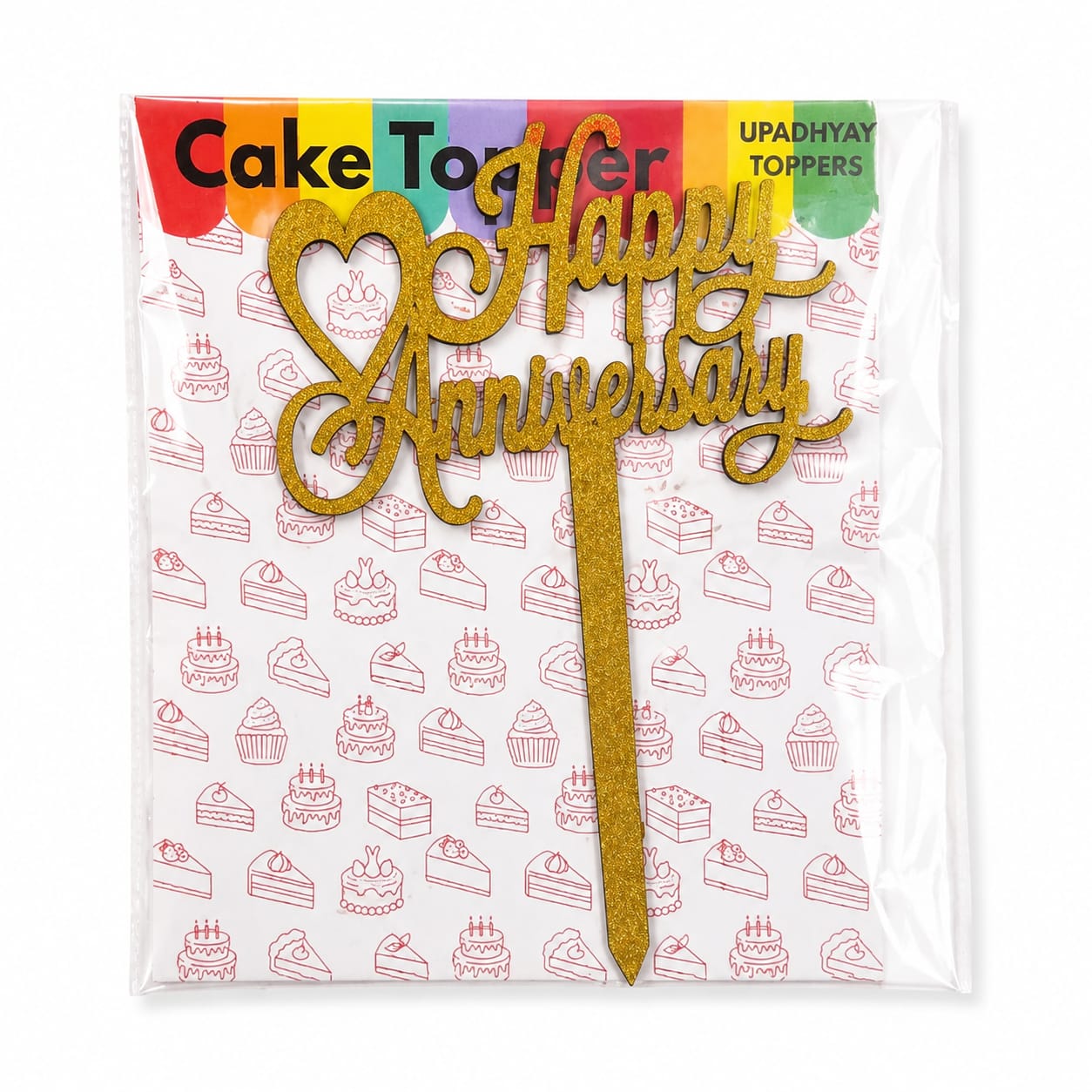 Happy Anniversary Cake Topper – Gold Glitter Anniversary Cake Decoration