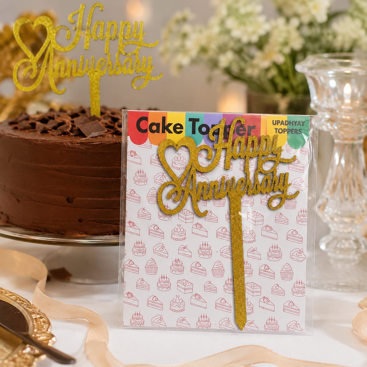 Happy Anniversary Cake Topper – Gold Glitter Anniversary Cake Decoration