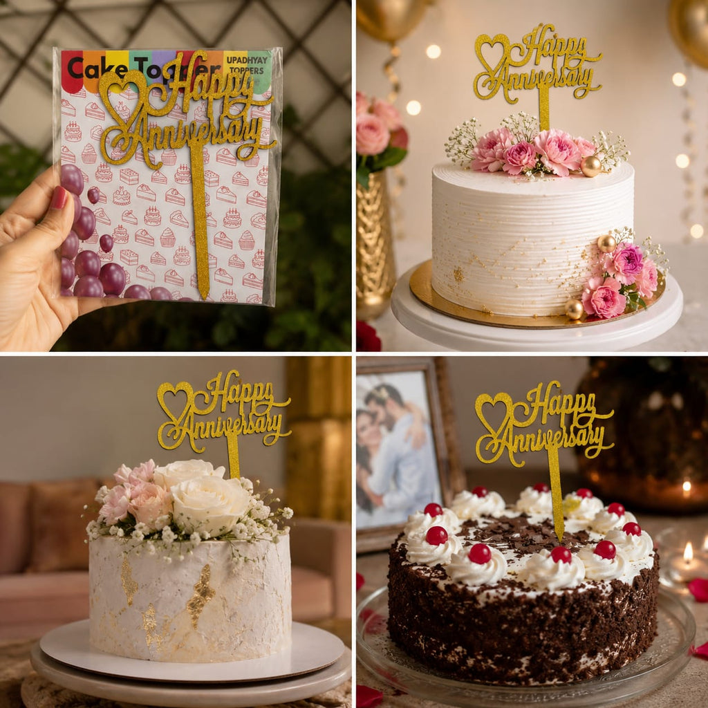 Happy Anniversary Cake Topper – Gold Glitter Anniversary Cake Decoration