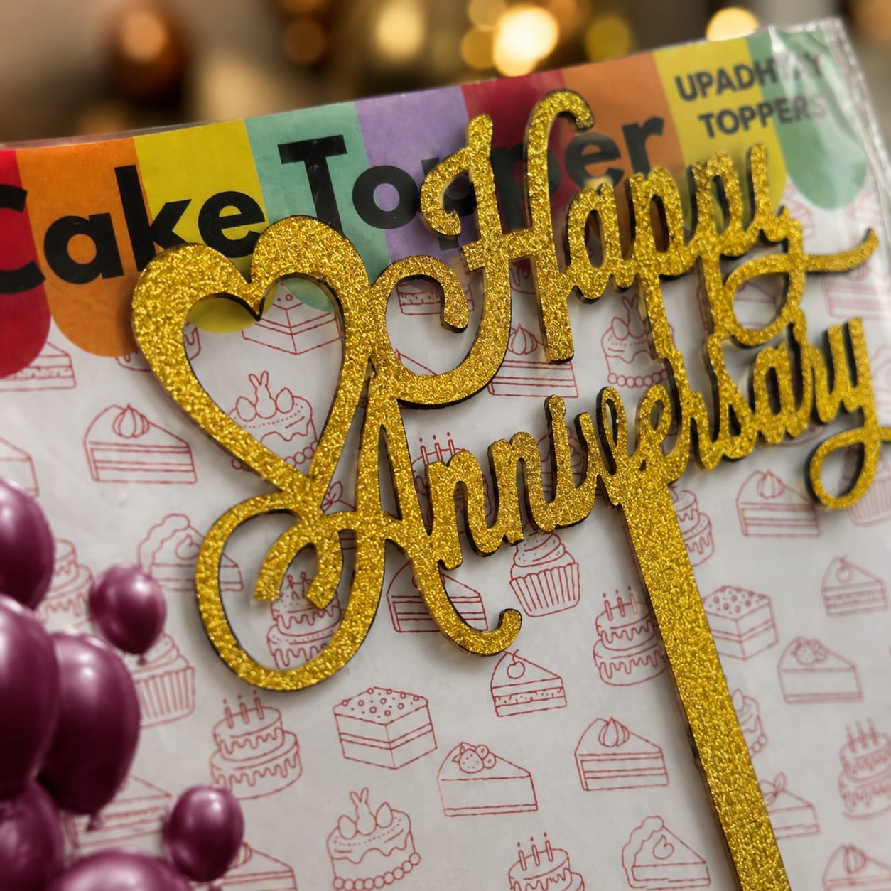 Happy Anniversary Cake Topper – Gold Glitter Anniversary Cake Decoration