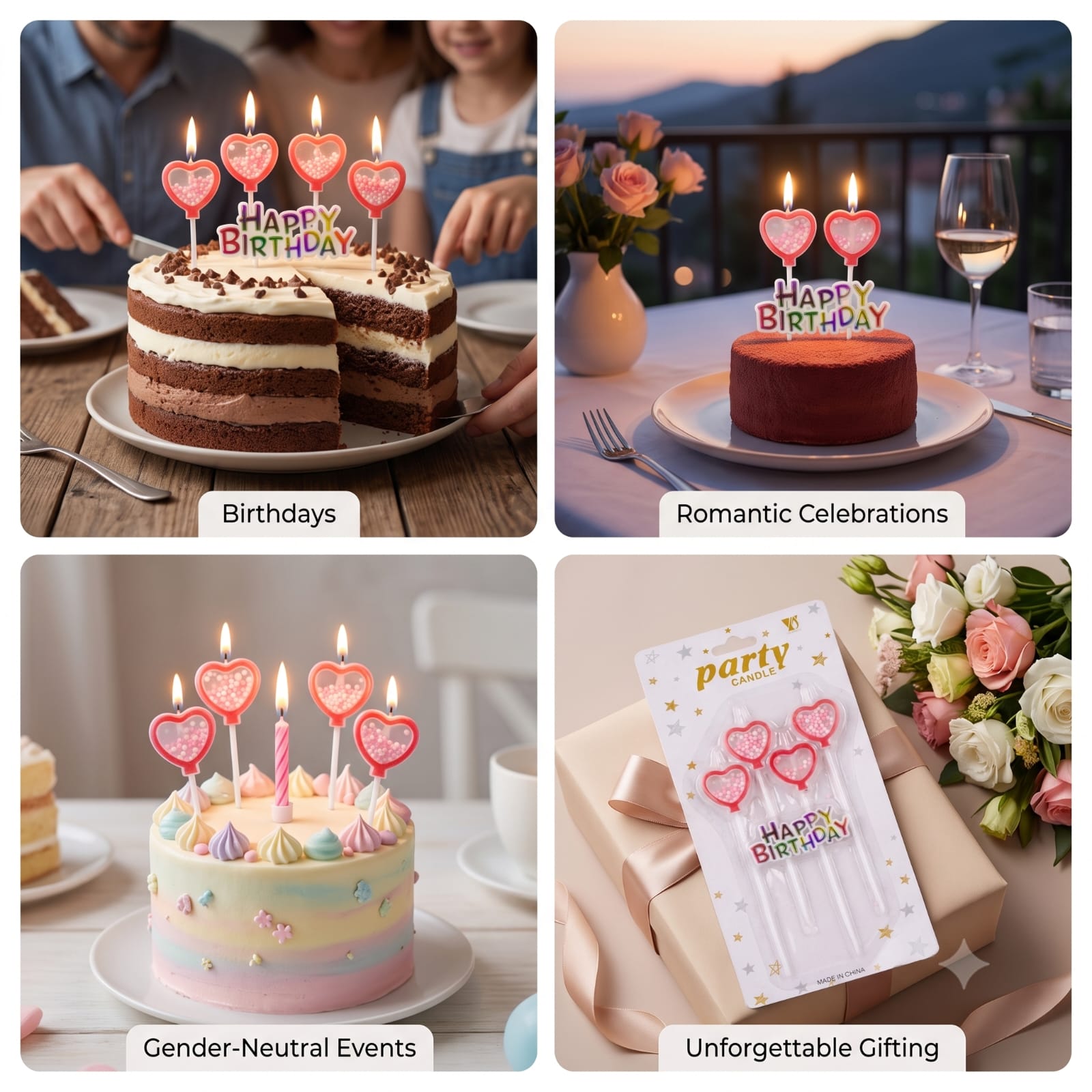 Happy Birthday Heart Shape Cake Candles Set | Birthday Cake Decoration
