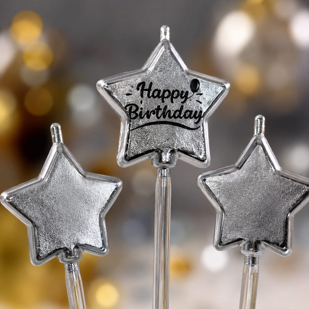 Silver Star Happy Birthday Cake Candles – 3 Pc Set | Birthday Cake Decoration