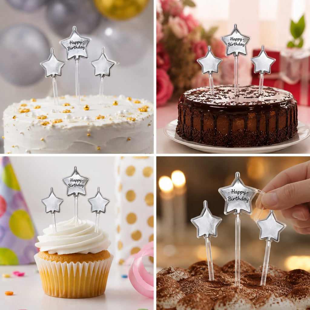 Silver Star Happy Birthday Cake Candles – 3 Pc Set | Birthday Cake Decoration