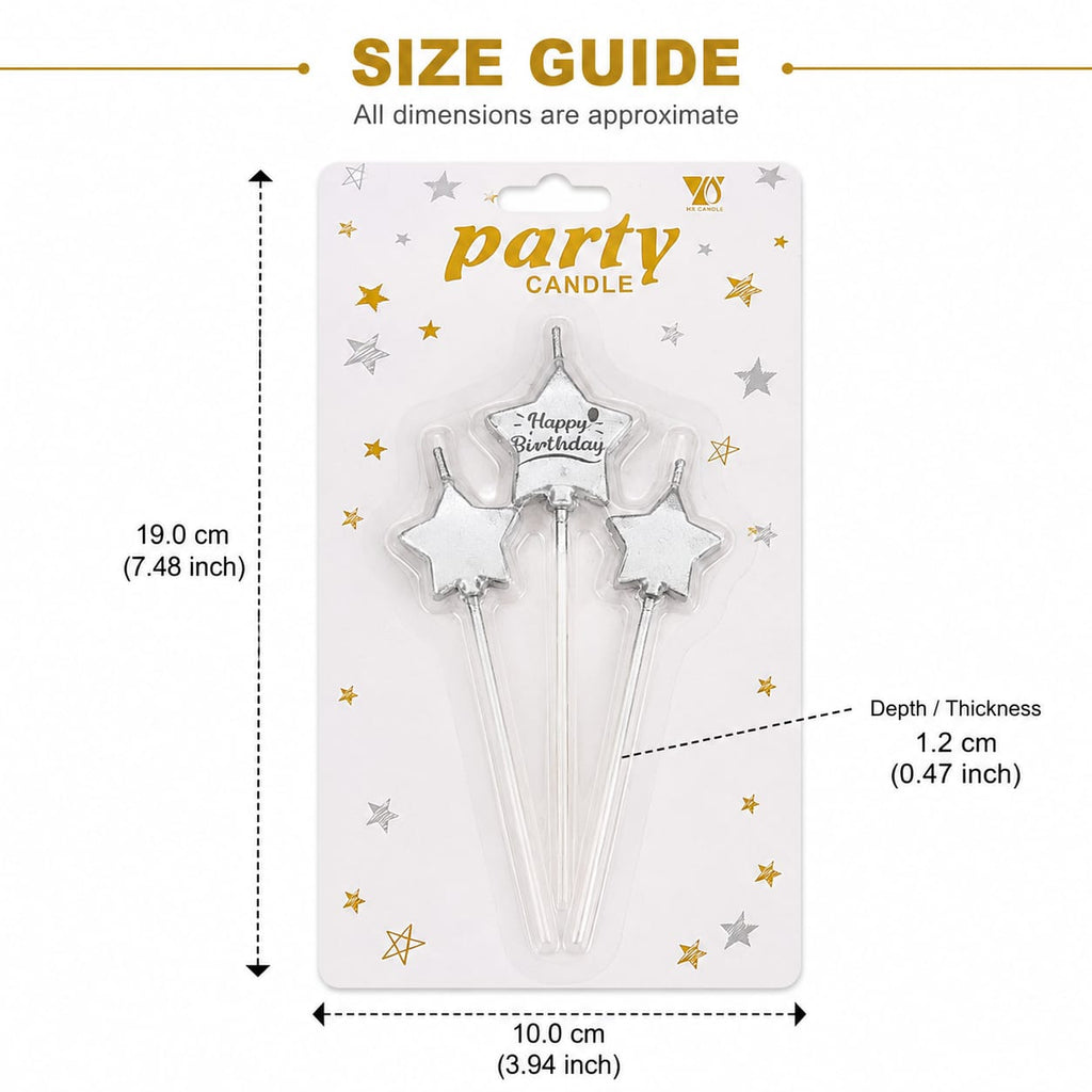 Silver Star Happy Birthday Cake Candles – 3 Pc Set | Birthday Cake Decoration