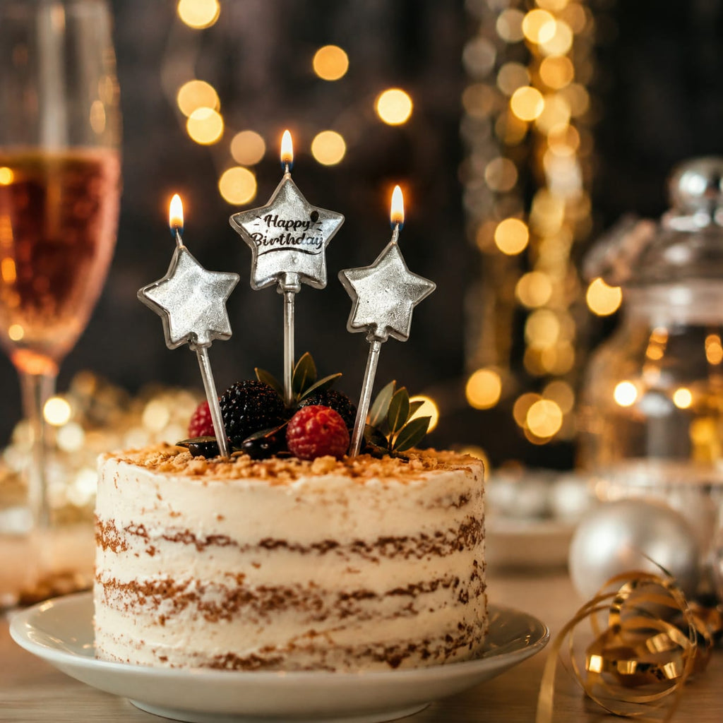 Silver Star Happy Birthday Cake Candles – 3 Pc Set | Birthday Cake Decoration